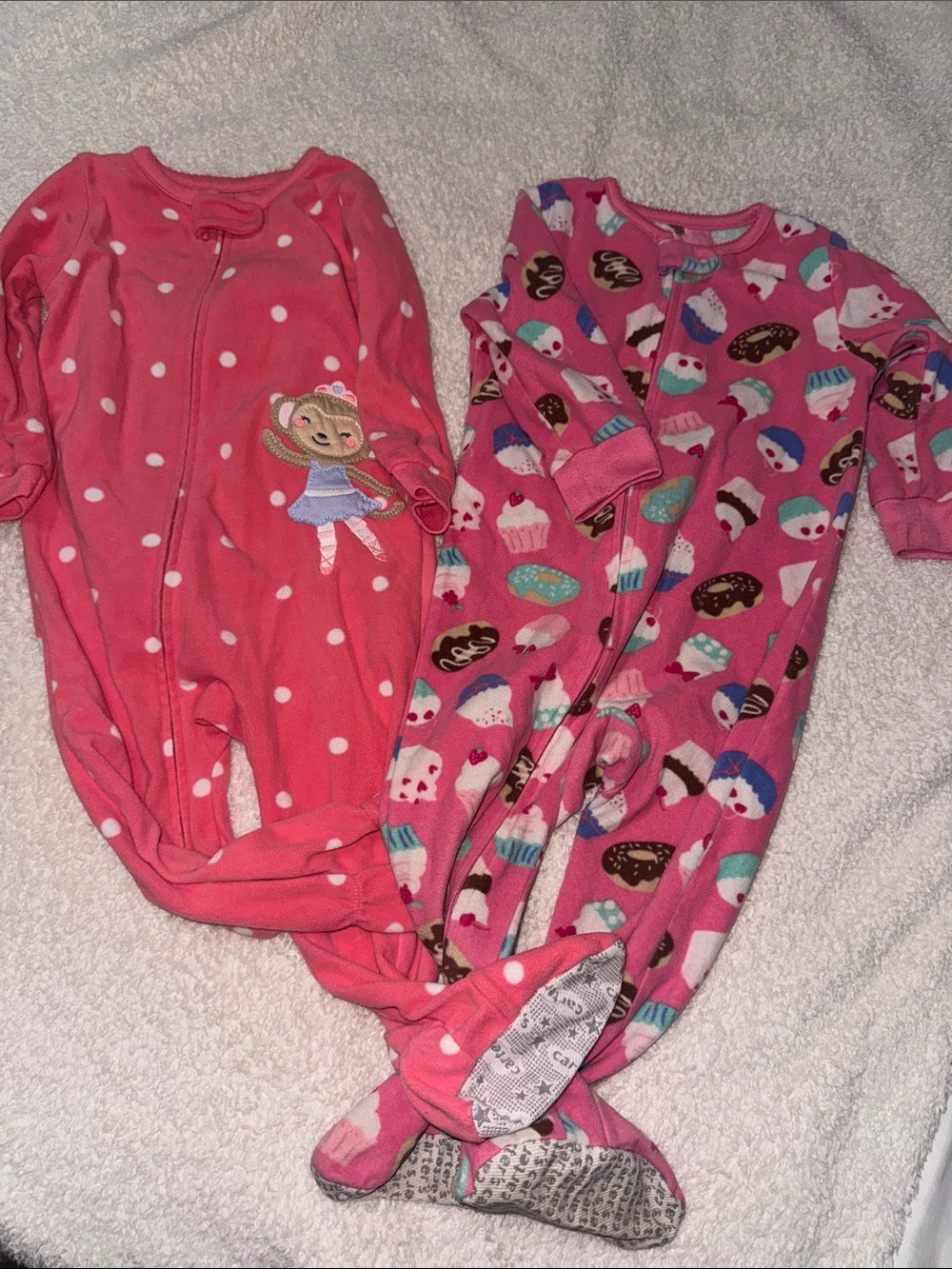 2 fleece Carter’s Pink Girls' One-Piece Footed Sleepers -Cute Cupcake &Polka Dot